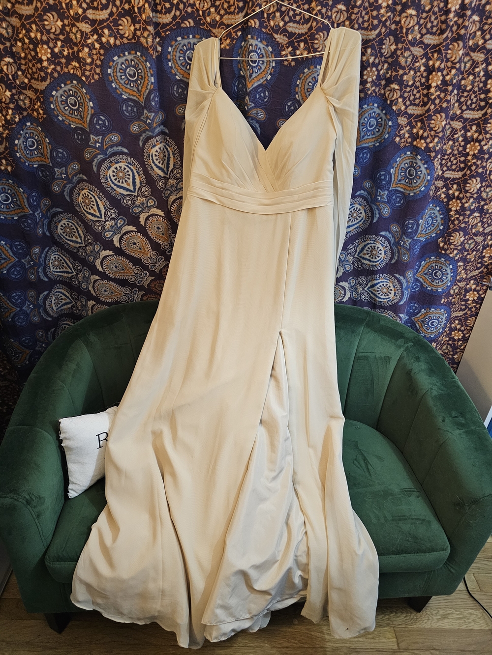Azazie Cienna Champagne A Line Long Sleeve Chiffon Dress
